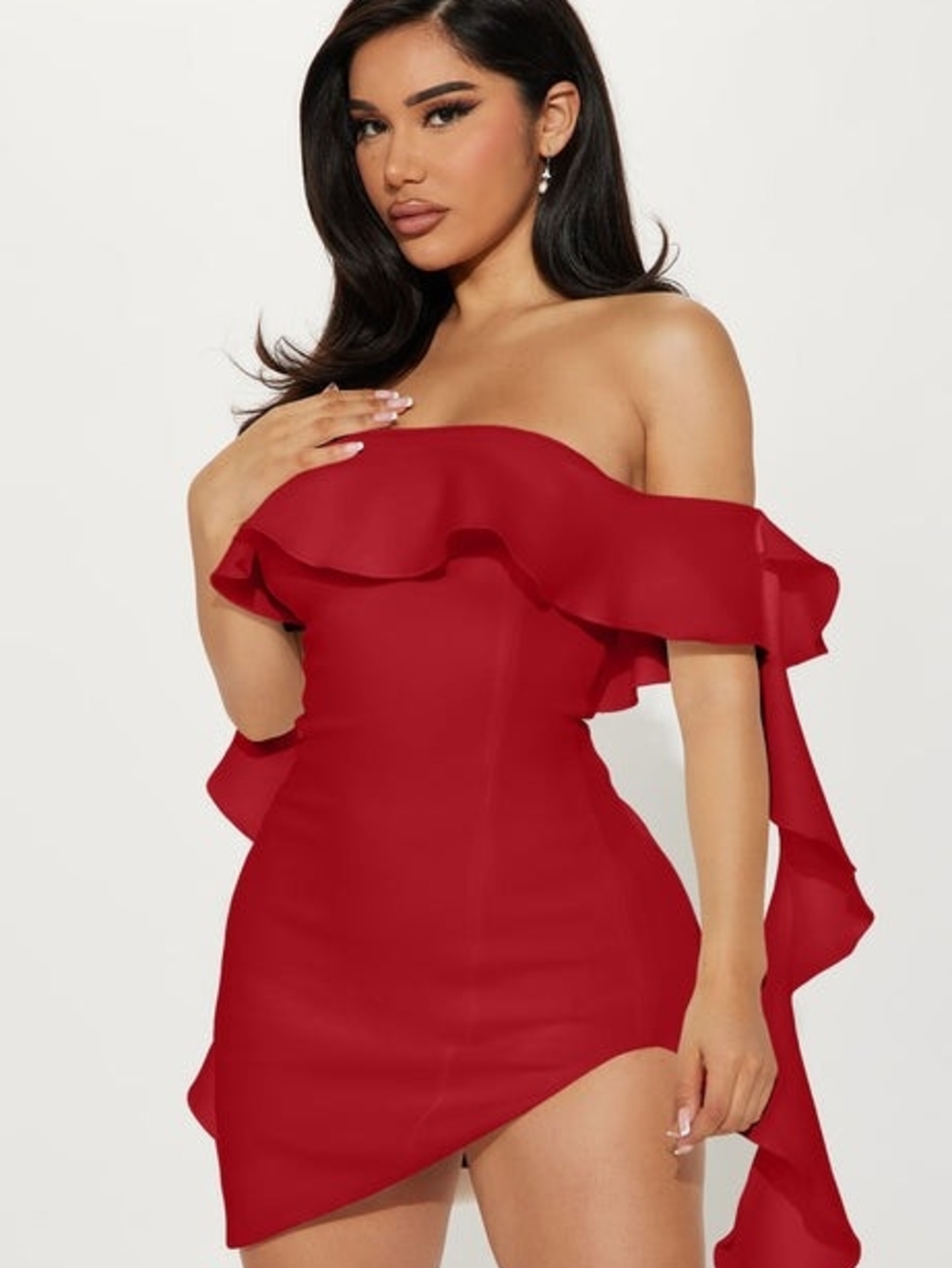 Off-Shoulder Red Ruffle Mini Dress - Picture 2 of 3